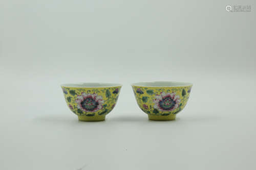 Chinese Chinese pair of qing dynasty yongzheng period yellow glazed peony cups