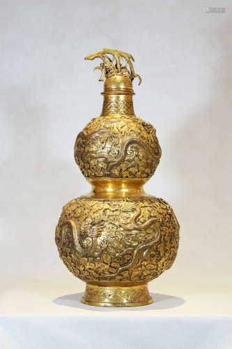 Chinese Chinese bronze gold gilded gourd bottle