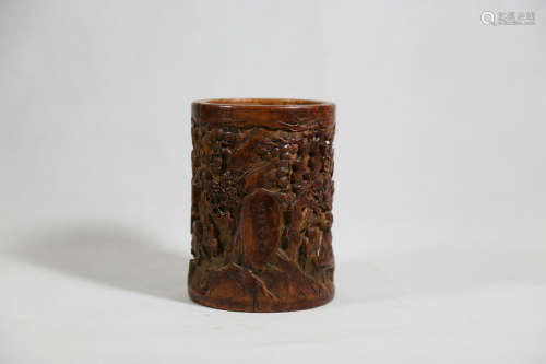 Chinese Chinese carved woodcarving brush pot by Wang Shixiang