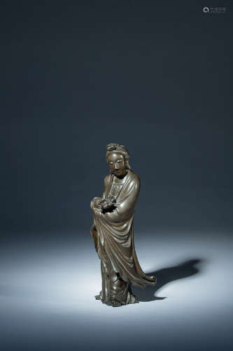 十八世紀 「國慶寺」銘款手持淨瓶觀音銅錯銀立像