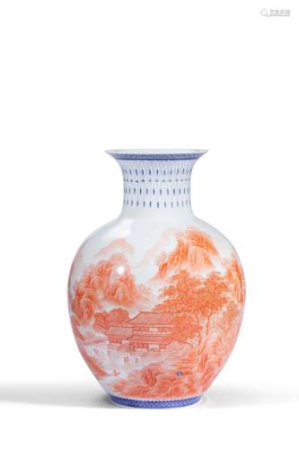 中華人民共和國紀念 珊瑚紅山水畫瓷瓶