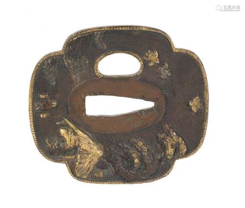 A shibuichi shakudo mokko tsuba (sword guard). Jap…