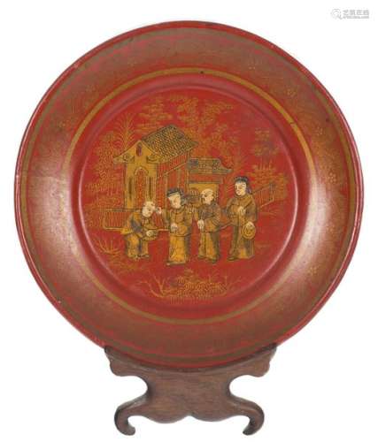 A rare Dy red and gilt lacquer saucer dish. China.…