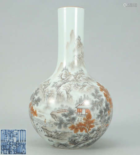 AN ALUM RED GLAZE BOTTLE VASE PAINTED WITH MOUNTAIN AND FIGURE