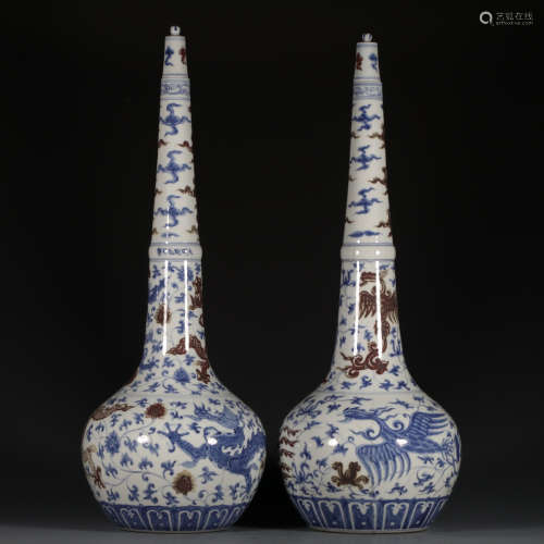 PAIR OF BLUE&WHITE AND UNDERGLAZE RED GLAZE VASE PAINTED WITH DRAGON PHOENIX AND CRANE