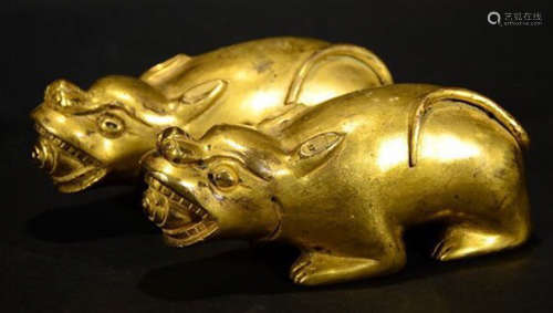 A PAIR OF GILT-BRONZE LUCK MOUSE FIGURES