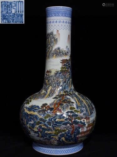 A FAMILLE ROSE GLAZE LONG-NECK VASE PAINTED WITH LANDSCAPE