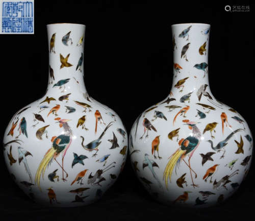 A FAMILLE ROSE GLAZE BOTTLE VASE PAINTED WITH BIRDS AND PHOENIX PATTERN