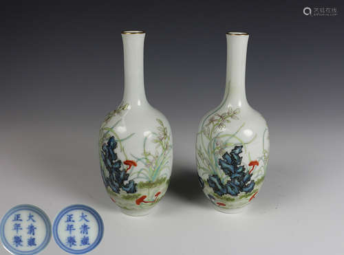 PAIR OF YONGZHENG MARK LONG NECK VASES