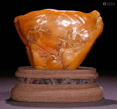 A TIANHUANG STONE BRUSH WASHER CARVED WITH LANDSCAPE