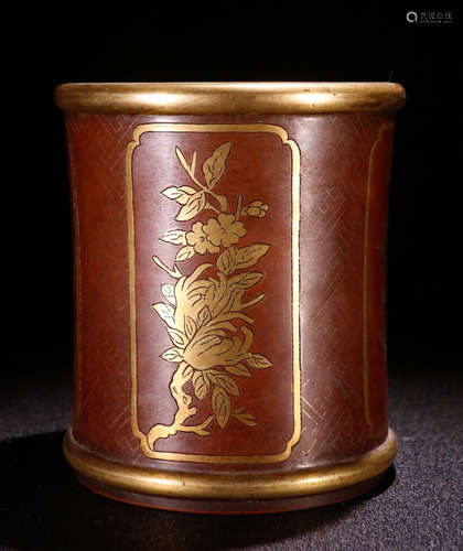 A GILT SILVER BRUSH POT CARVED WITH LONGEVOUS PATTERN