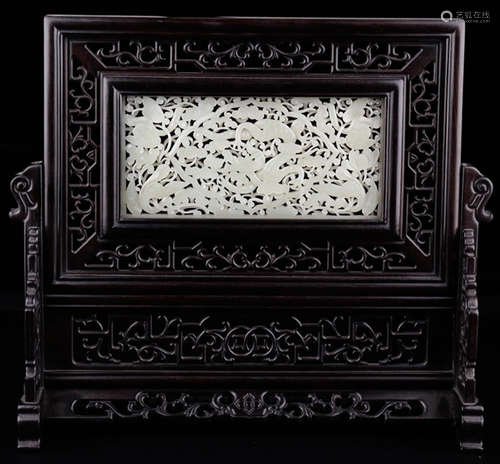 A HETIAN WHITE JADE SCREEN WITH FRAME