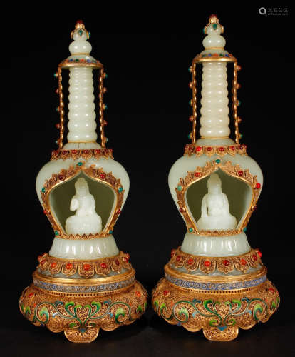 PAIR OF HETIAN JADE BUDDHIST WRAPPED WITH GILT BRONZE