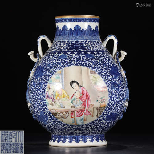 A BLUE&WHITE GLAZE VASE WITH STORY PATTERN