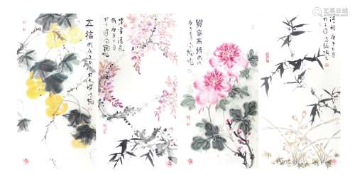 张宝国 花卉四条屏 纸 软片