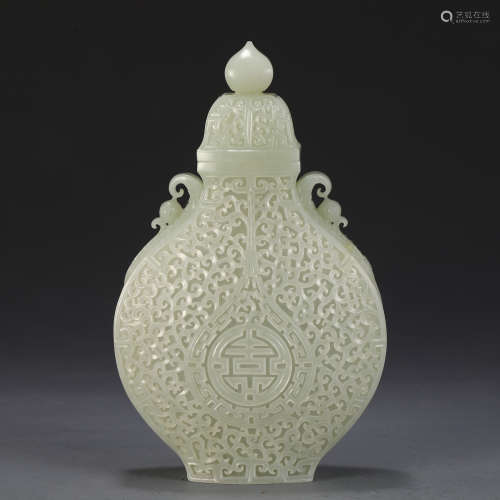AN UNUSUAL CHINESE WHITE JADE CARVED MOON FLASK VASE
