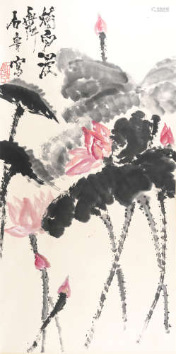 CHINESE INK AND COLOR PAINTING OF LOTUS BY SHI LU