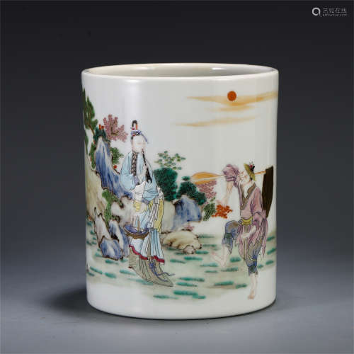 CHINESE WUCAI PORCELAIN BRUSH POT WITH FIGURE AND STORY