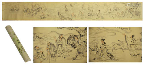 A CHINESE HANDSCROLL PAINTING OF IMMORTALS GATHERING BY DING GUANPENG