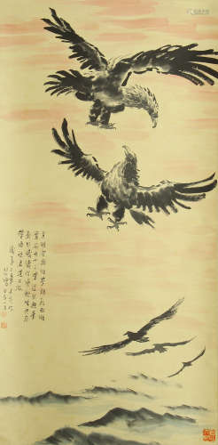 CHINESE INK AND COLOR PAINTING OF EAGLES IN SKY