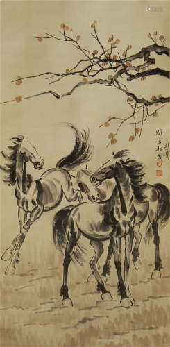 CHINESE PAINTING OF THREE HORSES UNDER THE TREE