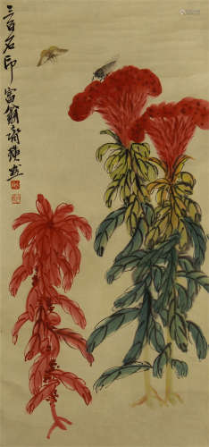 CHINESE INK AND COLOR PAINTING OF CELOSIAS AND BUTTERFLY