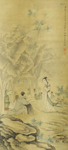 CHINESE PAINTING OF FIGURES IN GARDEN BY GAI QI