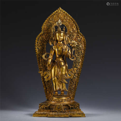 CHINESE STANDING GUANYIN IN GILT BRONZE