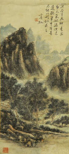 CHINESE CALLIGRAPHY PAINTING OF MOUNTAIN VIEWS BY HUANG BINHONG
