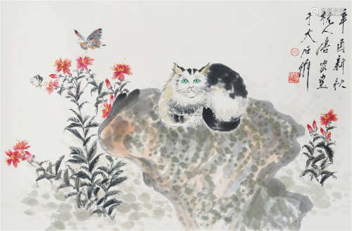 CHINESE INK AND COLOR PAINTING OF CAT & BUTTERFLYS