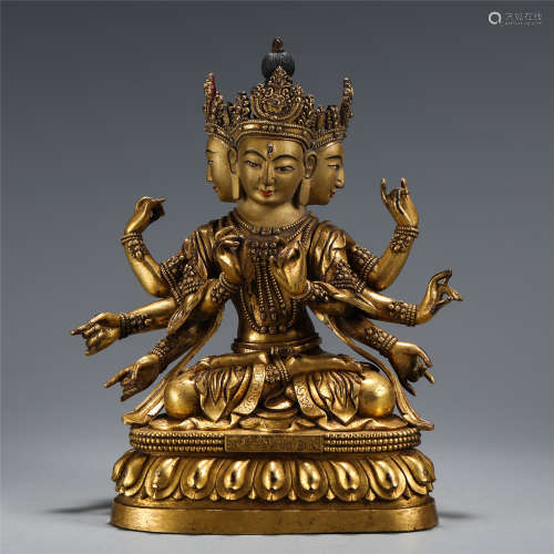 CHINESE BRONZE THREE-FACED EIGHT ARMS OF BUDDHA WITH CORONET