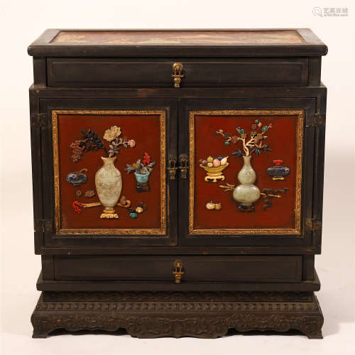 CHINESE LACQUER DISPLAY DOUBLE DOOR CABINETS WITH GEM STONE INLAID