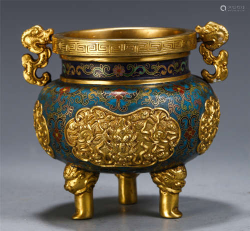 DELICATE CHINESE CLOISONNE GILT BRONZE DOUBLE BEAST HANDLE CENSER