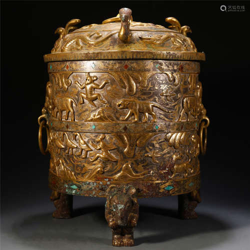 CHINESE GILT BRONZE SILVER FOUR FEET ZUN WITH GEM STONE INLAID