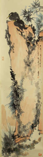 CHINESE PAINTING OF DOUBLE EAGLETS ON ROCK BY PAN TIANSHOU