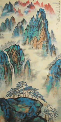 CHINESE INK AND COLOR PAINTING OF PINES IN MOUNTAINS