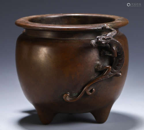 CHINESE BRONZE DOUBLE BEAST HANDLE CENSER WITH CARVED BEAST