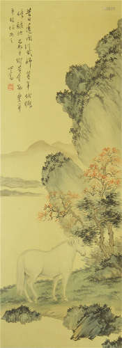 CHINESE PAINTING OF HORSE NEAR THE RIVE IN MOUNTAIN