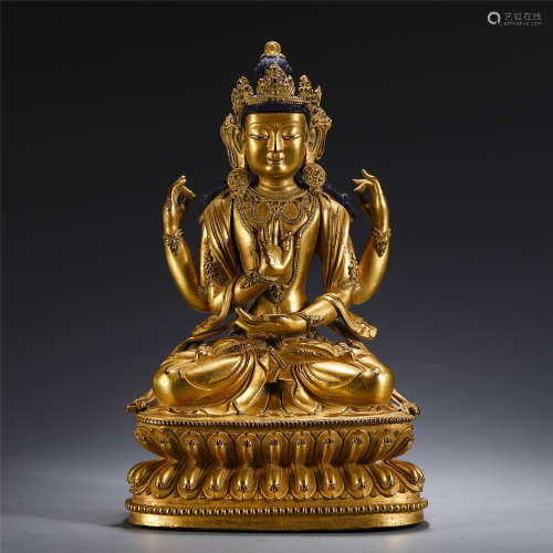 CHINESE GILT BRONZE FOUR ARM GUANYIN ON LOTUS