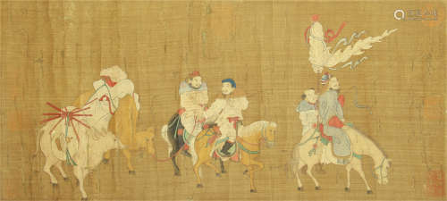 CHINESE SILK HANDSCROLL PAINTING OF HORSEMANS