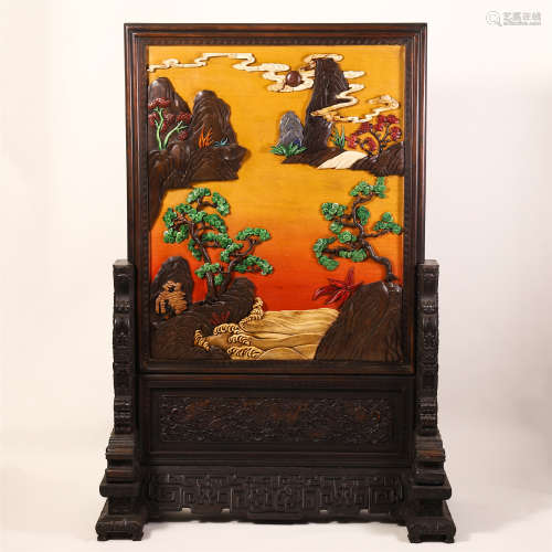 CHINESE WOOD LACQUER GEM STONE INLAID TABLE SCREEN