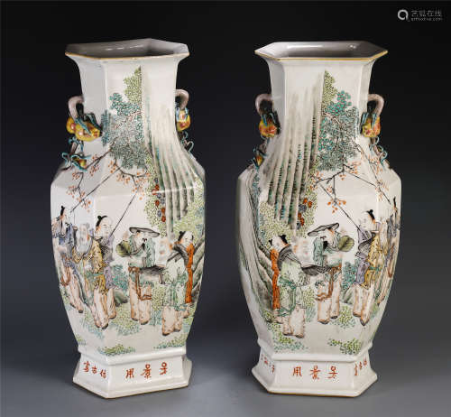 PAIR OF CHINESE FAMILLE ROSE HEXAGONAL VASE WITH FIGURE AND STORY