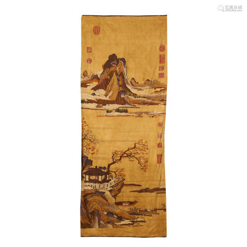 A CHINESE YELLOW GROUND MOUNTAIN IVEWS SILK EMBROIDERY KESI TAPESTRY