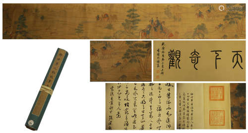 CHINESE SILK HANDSCROLL PAINTING OF FIGURE AND STORY BY LANG SHINING
