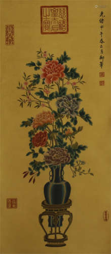 CHINESE SILK HANDSCROLL PAINTING OF FLOWERS BLOSSOMMING BY GUAN XU