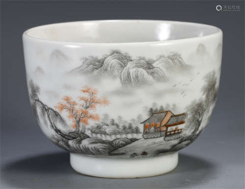CHINESE INK COLOR FAMILLE ROSE MOUNTAIN VIEWS BOWL