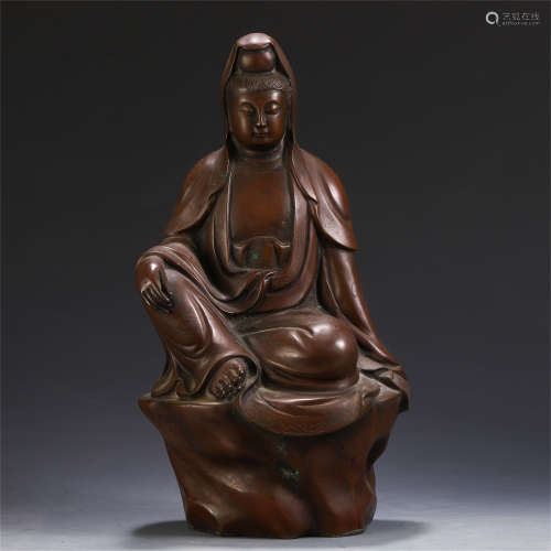 CHINESE COPPER CARVED SEATED GUANYIN STATUE