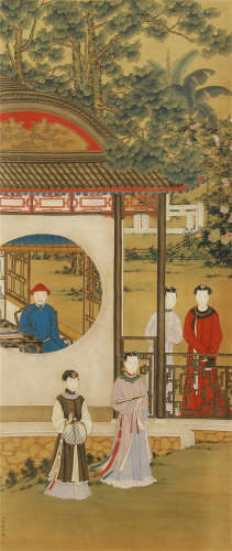 CHINESE SILK HANDSCROLL PAINTING OF BEAUTY FIGURES IN GARDEN