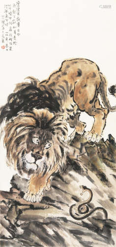 CHINESE PAINTING OF MALE LION ON ROCK BY XU BEIHONG