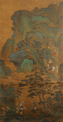 CHINESE SILK HANDSCROLL PAINTING OF FIGURE IN LANDSCAPE BY QIU YING